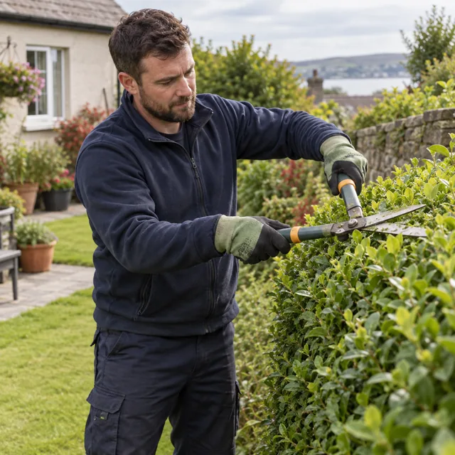 Gardener trimming a garden hedge