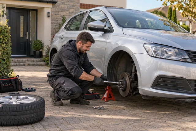 Mobile mechanic changing a car tyre on a driveway