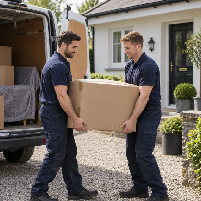 Movers carrying a box beside a moving van